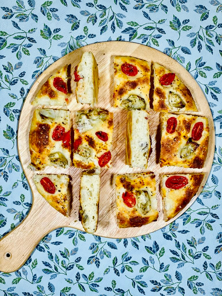FOCACCIA BARESE WITH CHERRY TOMATOES, GRILLED ARTICHOKES AND DRY OREGANO