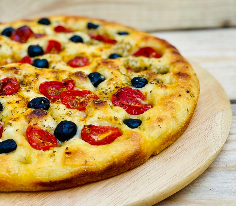 FOCACCIA BARESE WITH SUNDRIED CHERRY TOMATOES, OLIVES AND DRY OREGANO