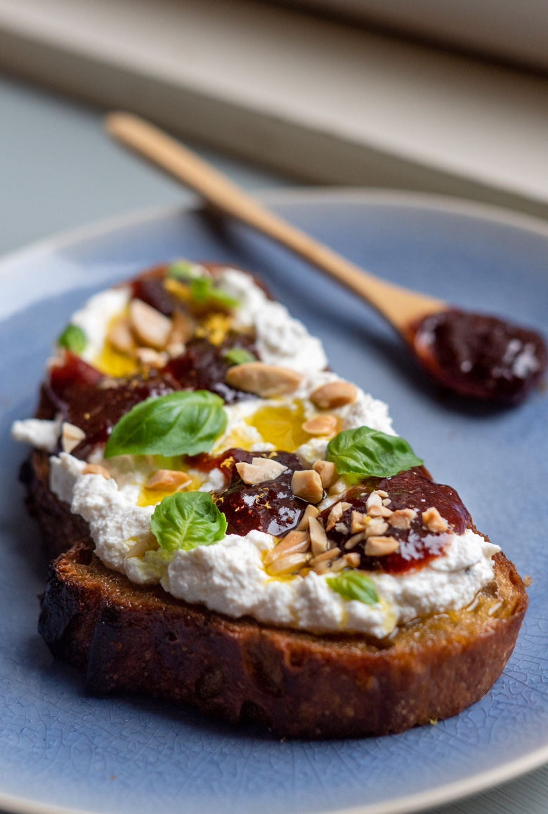 Sourdough bread, fresh ricotta cheese, vanilla&strawberries jam