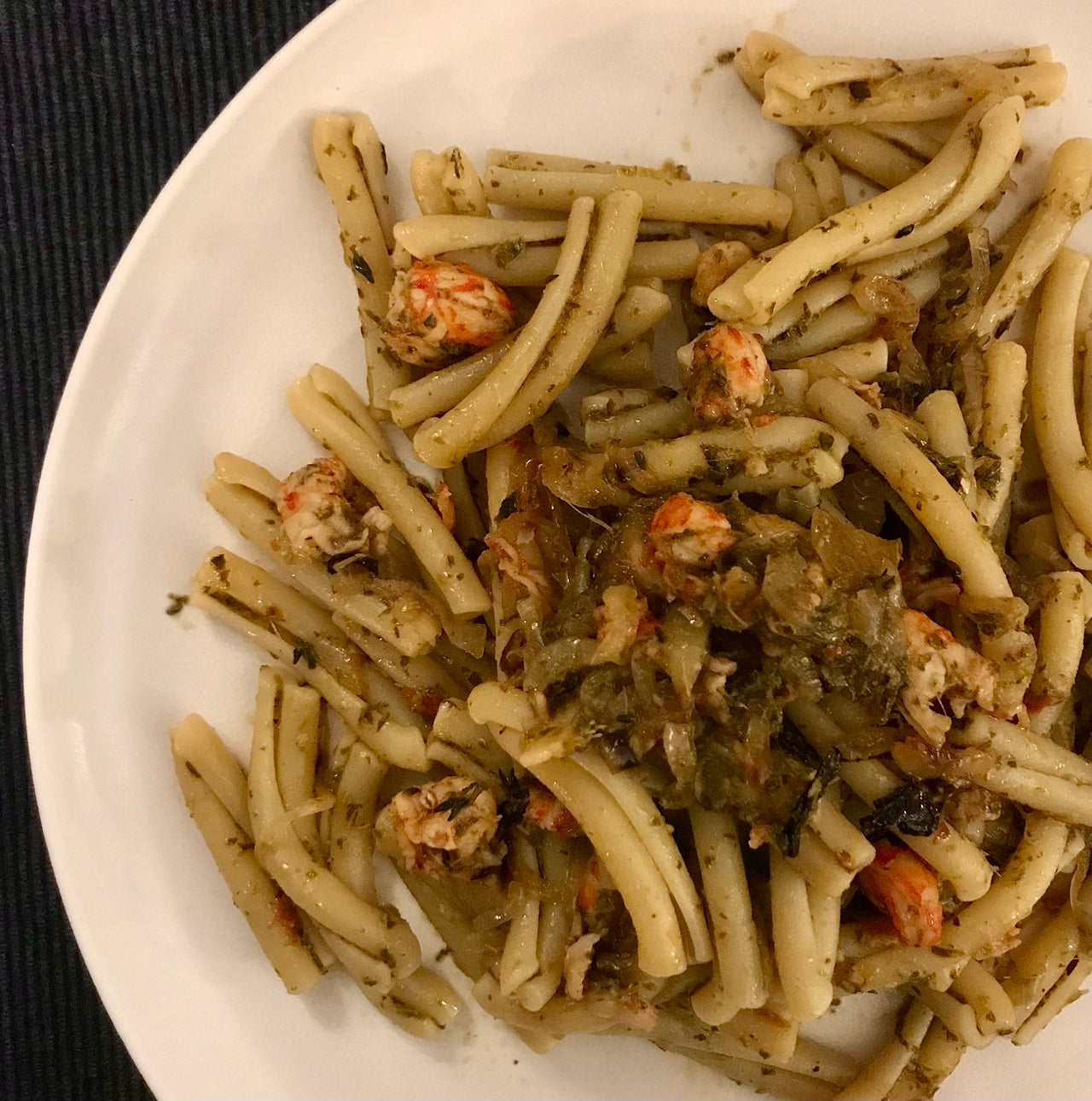 TRECCE WITH ‘PESTO SICULO’, ROASTED ONION AND SHRIMPS (X2)