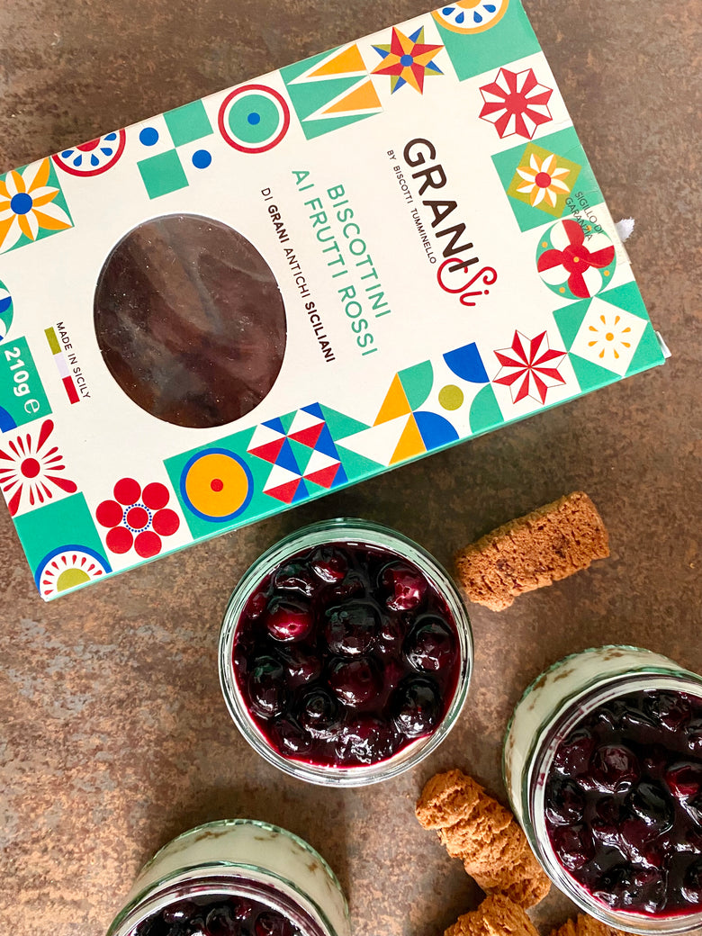 ROSEMARY PANNA COTTA, WITH RED FRUIT SICILIAN COOKIES AND BLUEBERRY JAM