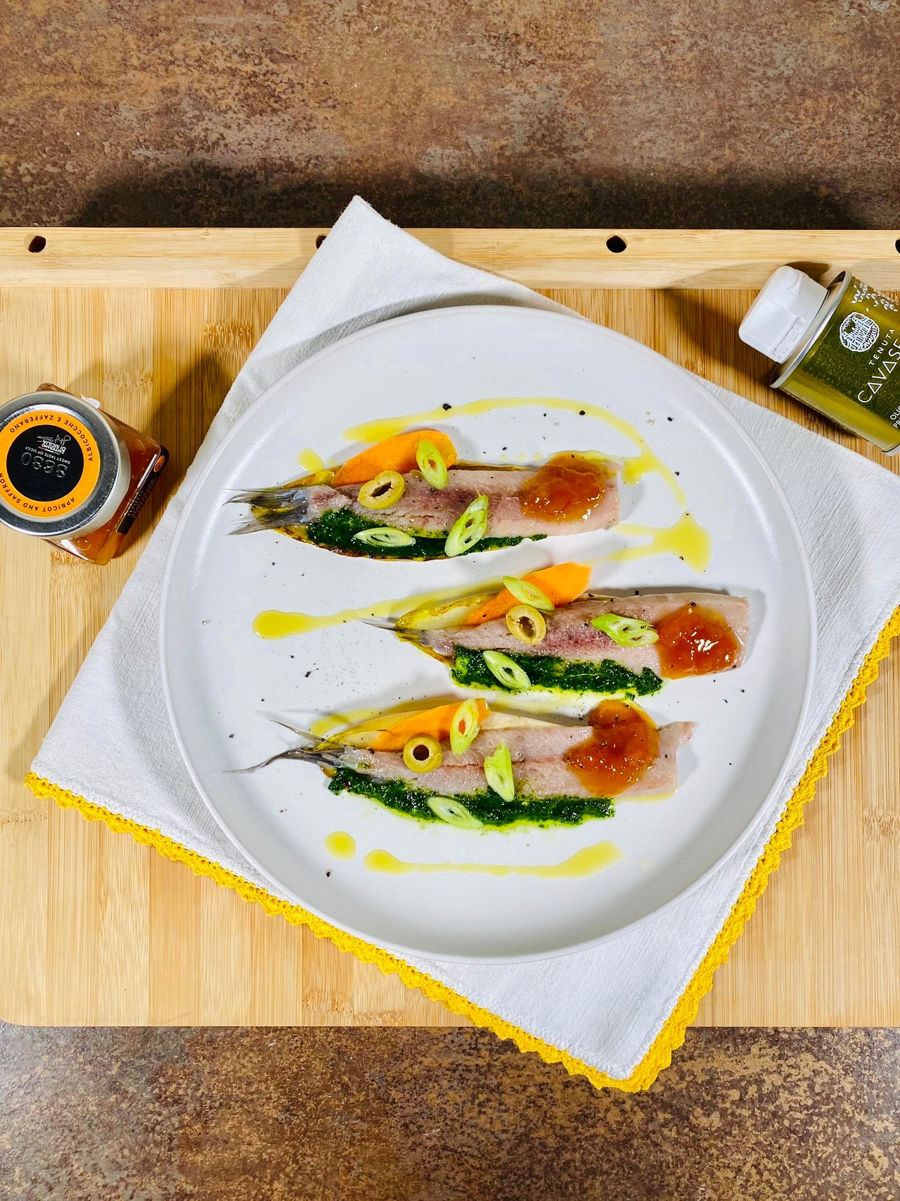 DUTCH HERRING WITH PARSLEY SAUCE AND APRICOT AND SAFFRON JAM (x2)