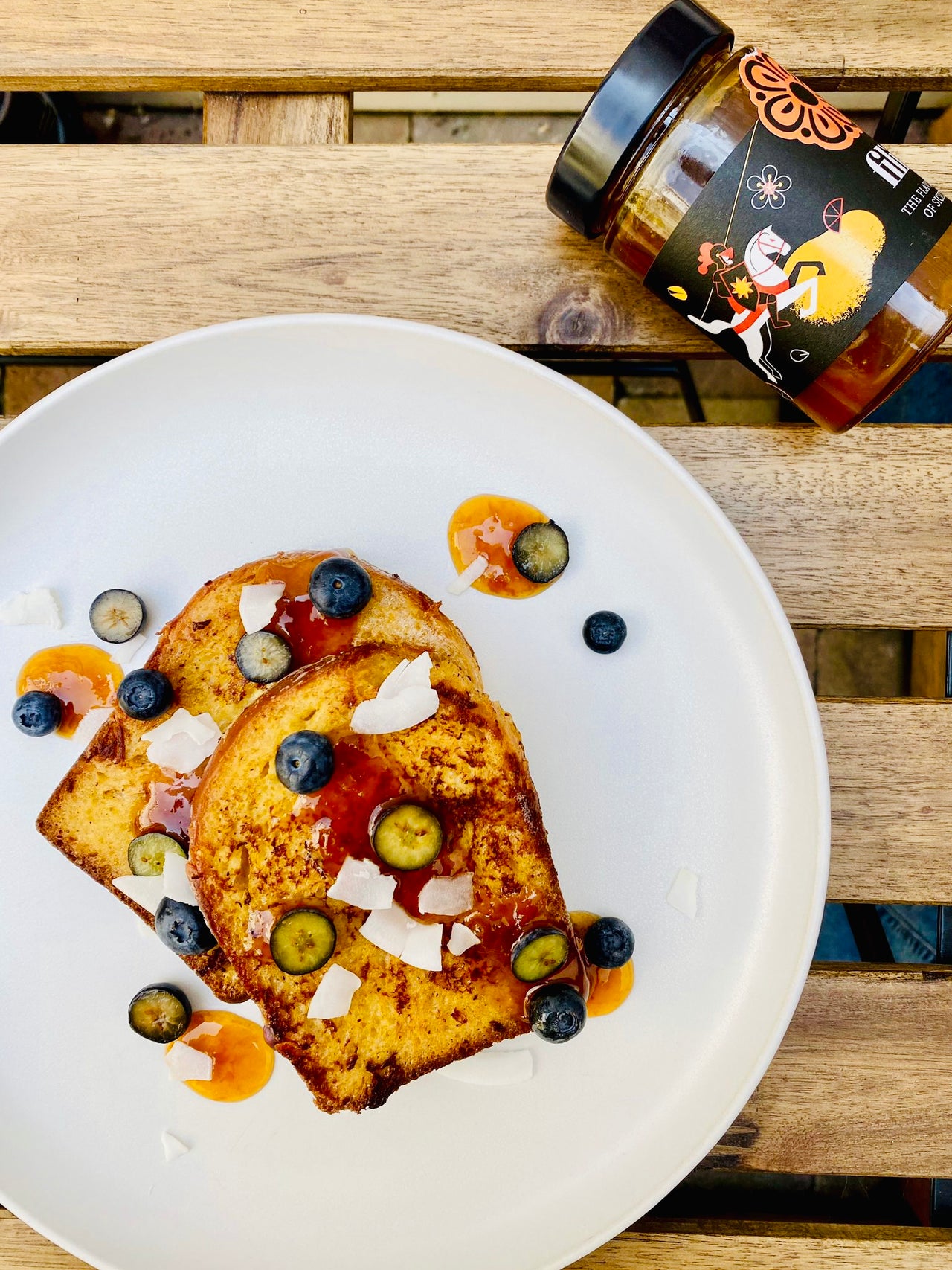 FRENCH TOAST WITH RAS EL HANOUT, APRICOT JAM AND BLUEBERRY